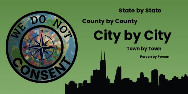 A green background with a compass and bold text saying 'We Do Not Consent' and a city skyline.