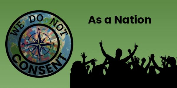 A crowd and compass with 'We Do Not Consent' on green background.
