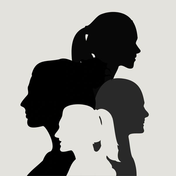Silhouettes of four women's profiles overlapping.