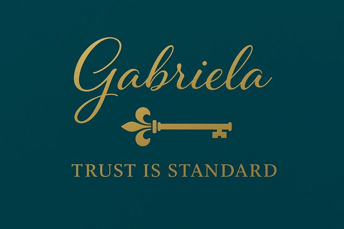 Elegant gold text and key on teal background with the phrase 'Trust is Standard'.
