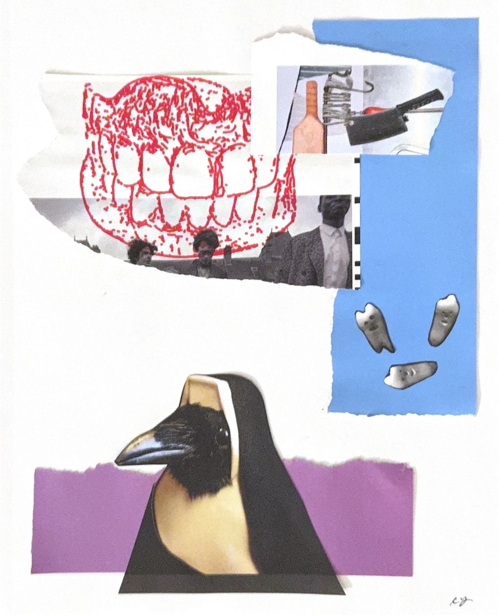 A surreal collage with a penguin, red teeth sketch, teeth faces, and vintage photos on colorful torn paper.
