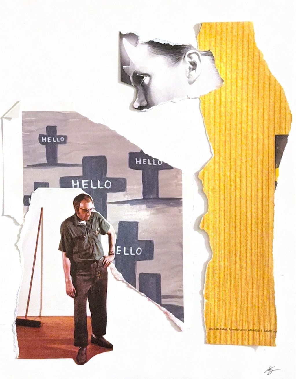 Collage of a man, a face, and crosses labeled 'HELLO' on a textured background.