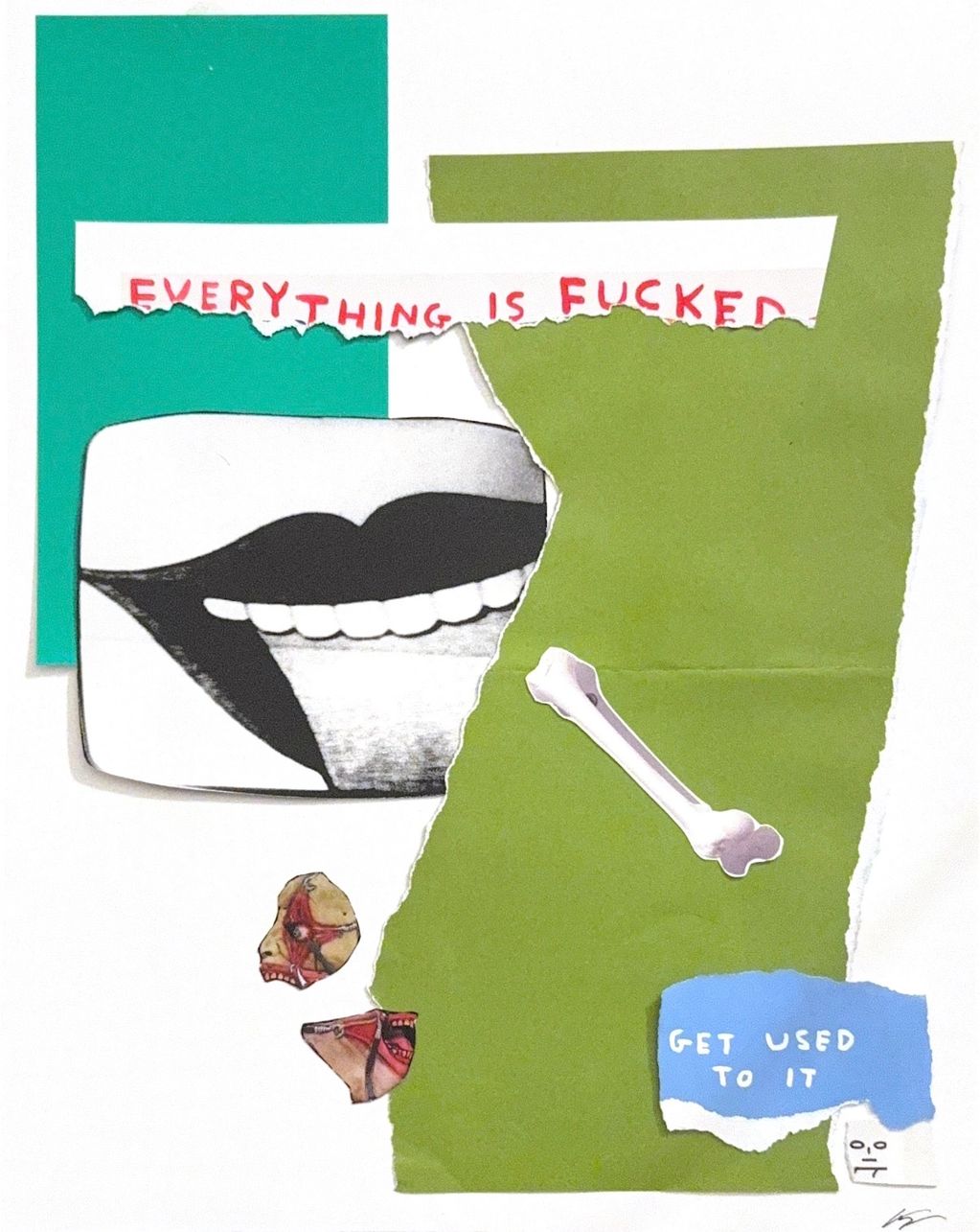 Collage with a bold message, abstract shapes, and surreal elements.