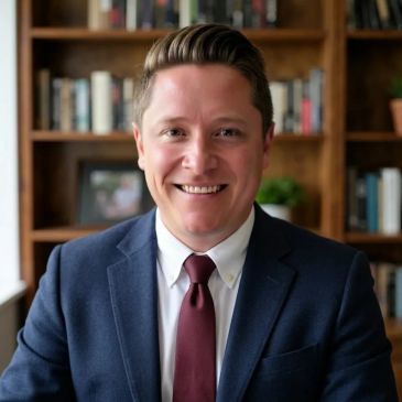 Man in suit smiling with bookshelves in background.