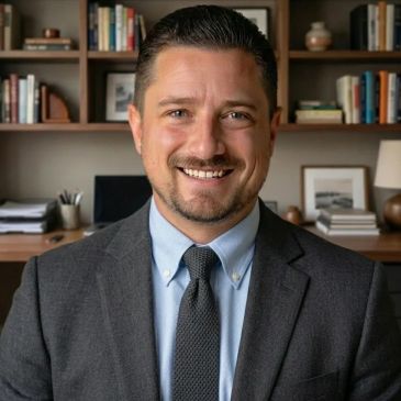 A man in a suit smiling in an office setting.