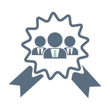 Starburst badge with ribbons and three professional in ties, indicating professional high quality 