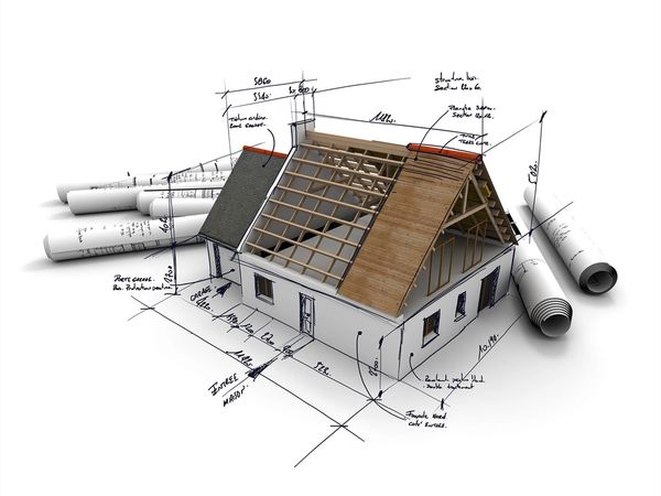 3D house model with architectural sketches and measurements around it.