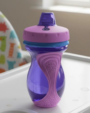 Purple and pink kids' sippy cup on a high chair tray.