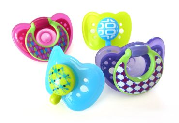 Colorful baby pacifiers in various shapes and designs.