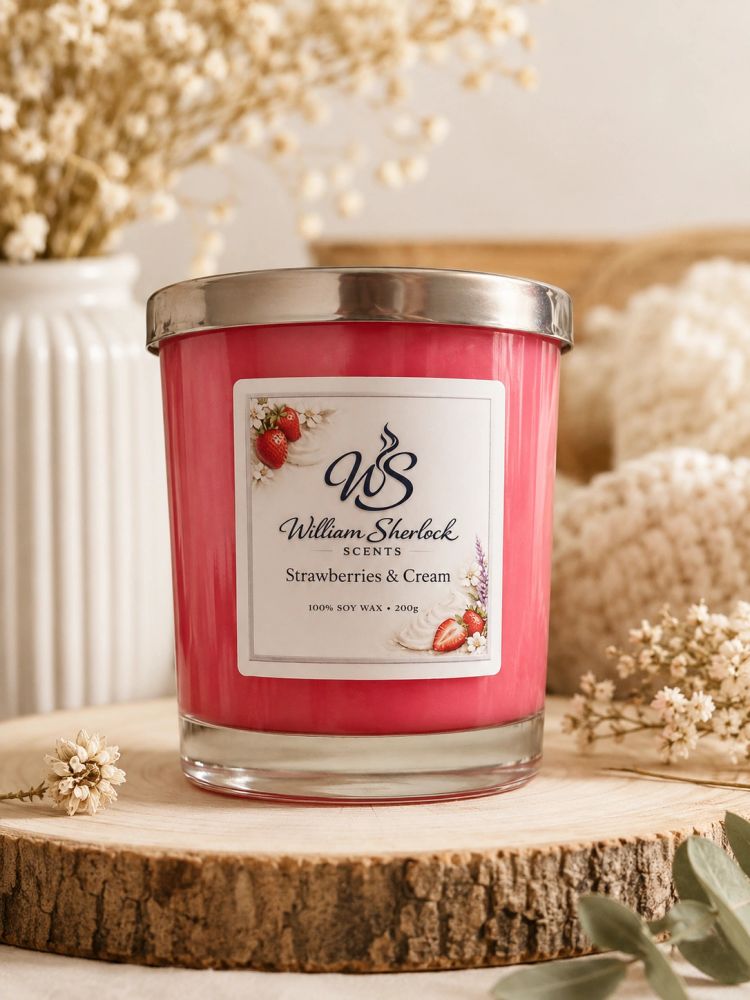 Pink William Sherlock scented candle on a wooden slab.