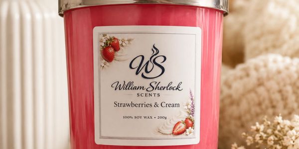 Pink William Sherlock scented candle on a wooden slab.