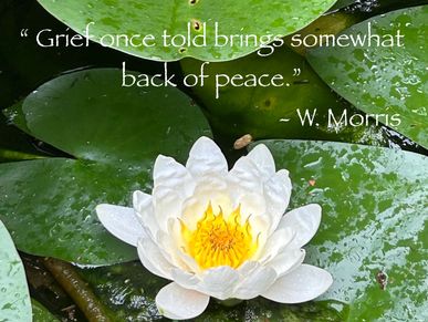 White water lily with a quote on grief and peace.