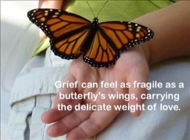 Butterfly resting on hand with a grief quote.