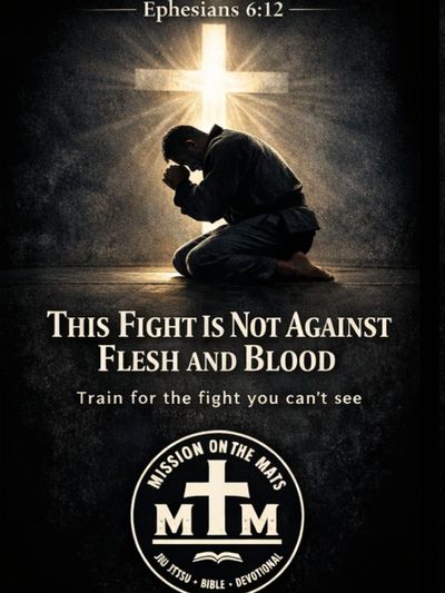 Man kneeling in prayer before a glowing cross, symbolizing spiritual battle.