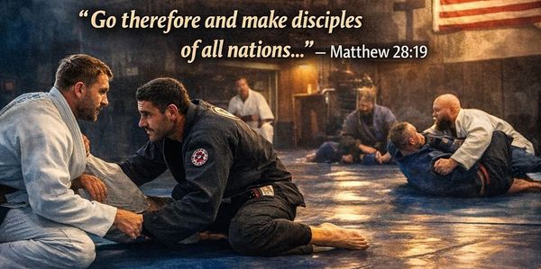 Two men in martial arts gis practice grappling with a biblical quote overlay.