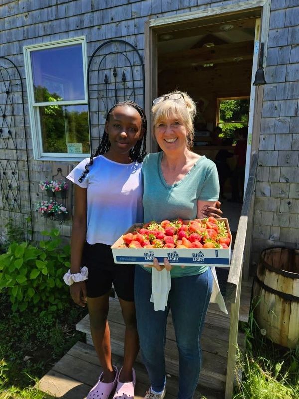 Two women holding a box of fresh strawberries outside a wooden house.