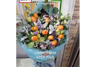 橙鬱金香，綠桔梗，銀葉菊，相思梅，尤加利葉，毋忘我，歐洲花束，歐洲進口花束，進口花束