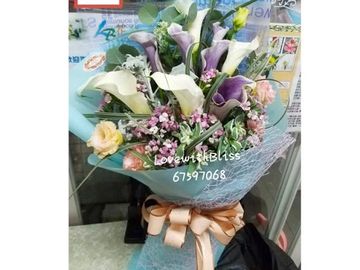 白馬蹄蘭，紫馬蹄蘭，相思梅，香檳桔梗，葉上花，歐洲進口花束，歐洲花束，進口花束