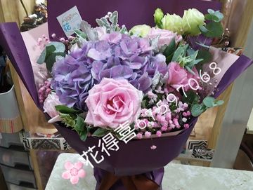 紫色繡球花，粉玫瑰，進口花束