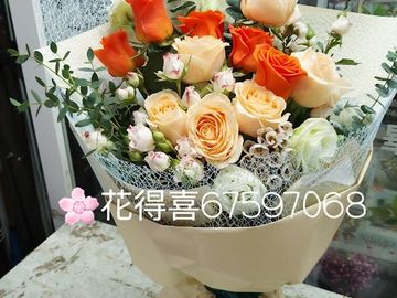  香檳玫瑰，橙玫瑰，花束，玫瑰花束