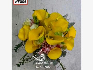 黃色馬蹄蘭，小白合，綠桔梗。銀葉菊，尤加利葉，結婚手棒花，鮮花花球