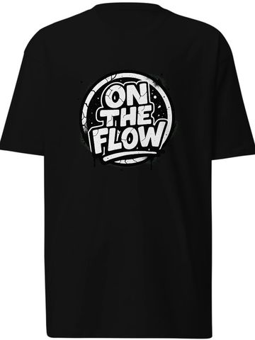 Black t-shirt with bold white 'ON THE FLOW' graphic in a circular design.