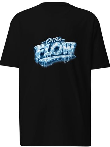 Black t-shirt with icy blue 'On The Flow' text design.