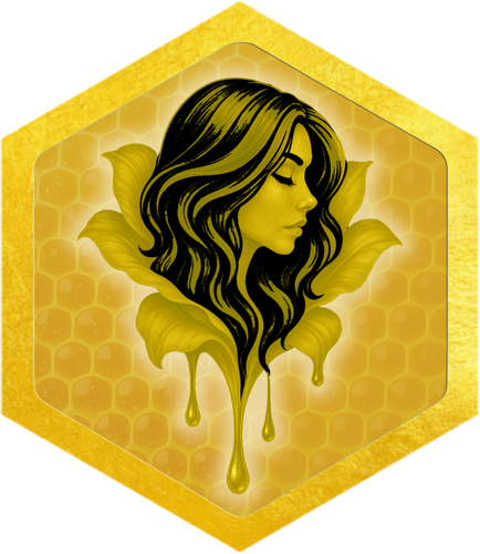 Profile of a woman with honey-colored hair melting into honeycomb background.