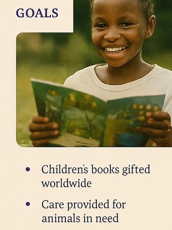 Smiling child reading a book, highlighting goals of gifting books, animal care, and spreading faith worldwide.