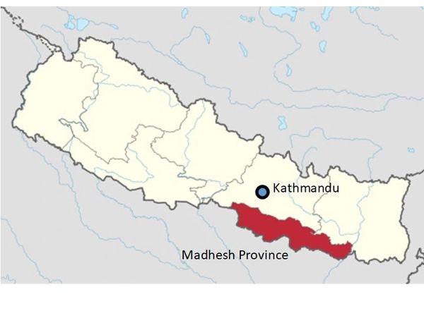 Location of Kathmandu and Madhesh Province on a map of Nepal