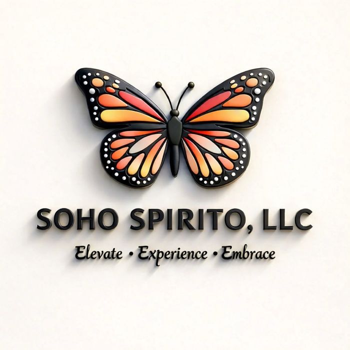 Colorful butterfly logo with Soho Spirito, LLC and the motto Elevate, Experience, Embrace.