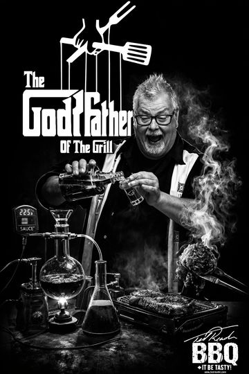 A joyful man dubbed 'The Godfather of the Grill' prepares BBQ with scientific equipment and smoke effects.