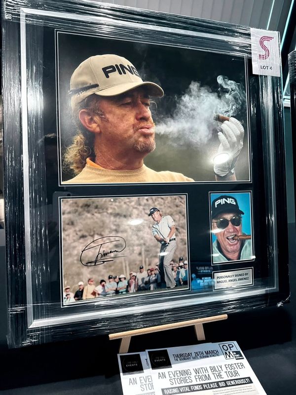 Framed collection of signed photos featuring golfer Miguel Angel Jimenez smoking a cigar.