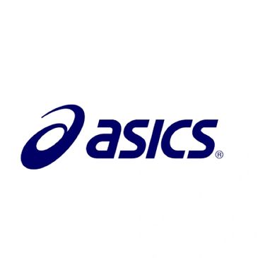 Blue ASICS logo on a white background.