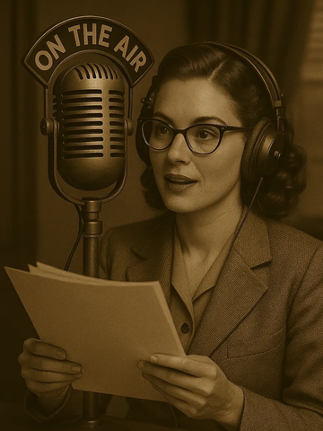 A female office worker broadcasting a message into a microphone