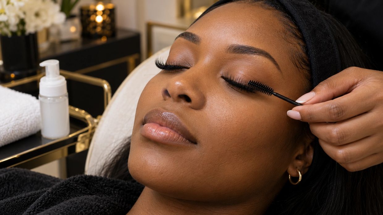Eyelash extension aftercare using a clean spoolie and lash cleanser.