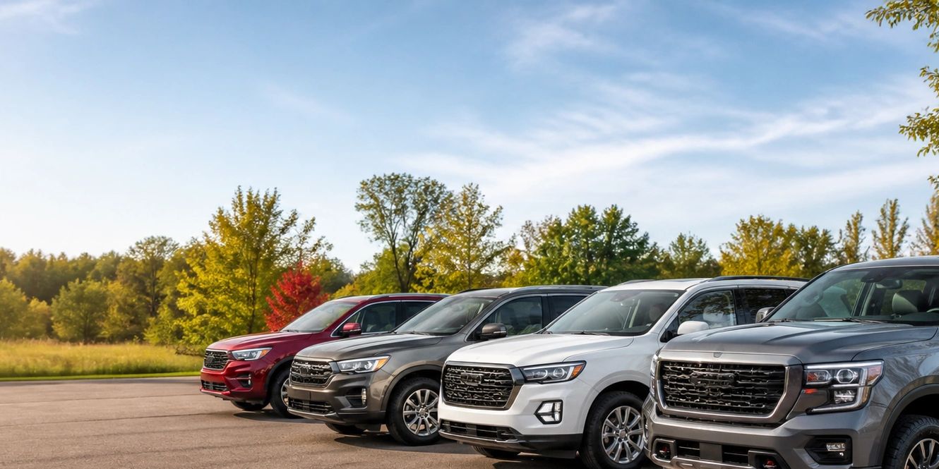 Lineup of four SUVs parked outdoors on a sunny day.