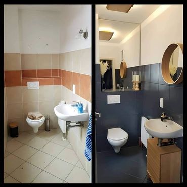 Before and after photos of a renovated bathroom with modern dark tiles.