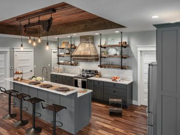 Modern kitchen with gray cabinetry and wooden floors.