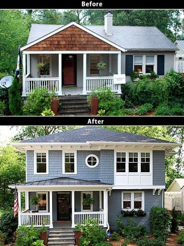 Before and after images showing a house's transformation with an added second floor and modernized exterior.