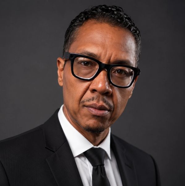 Confident man in a black suit and glasses posing against a dark background.