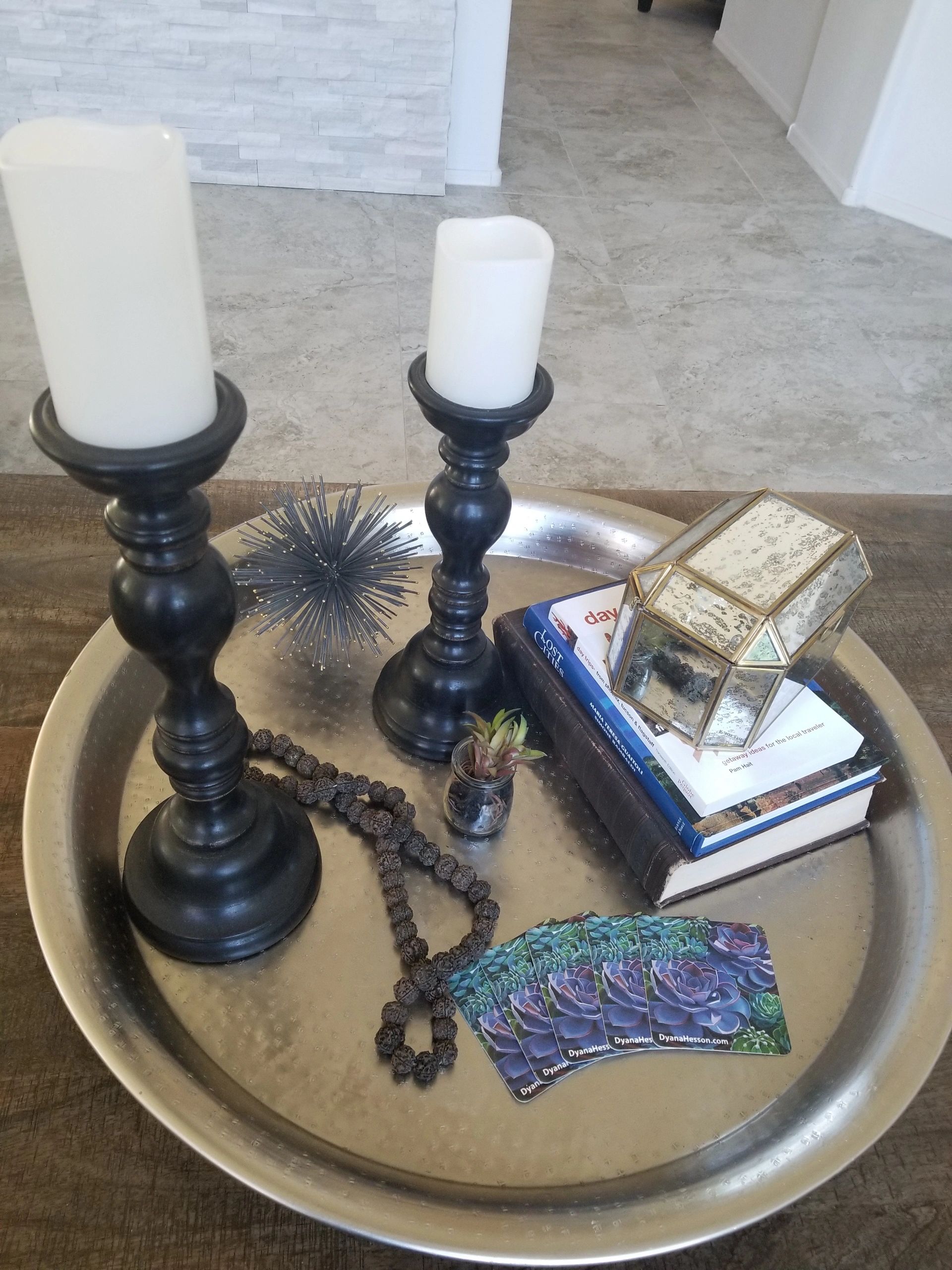 Beautiful silver tray on side table in this Scottsdale vacation rental