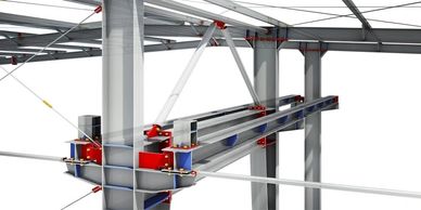 Detailed 3D model of steel structure connections with beams and braces.