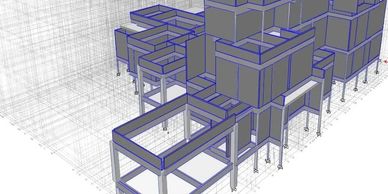 3D architectural model of a modern multi-level building structure.