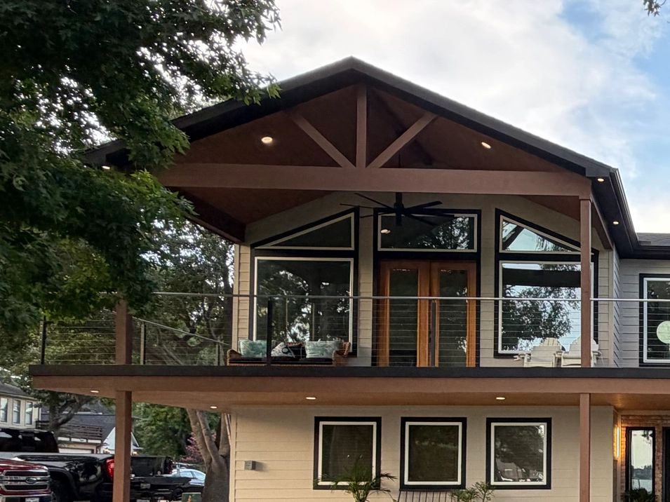 Luxury A-Frame custom patio cover for a lakefront home on lake conroe