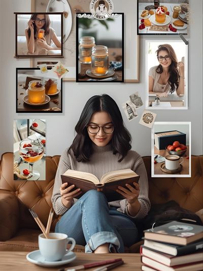 Cozy bookish lifestyle collage with fashion, skincare, desserts, travel, art, and journaling vibes.