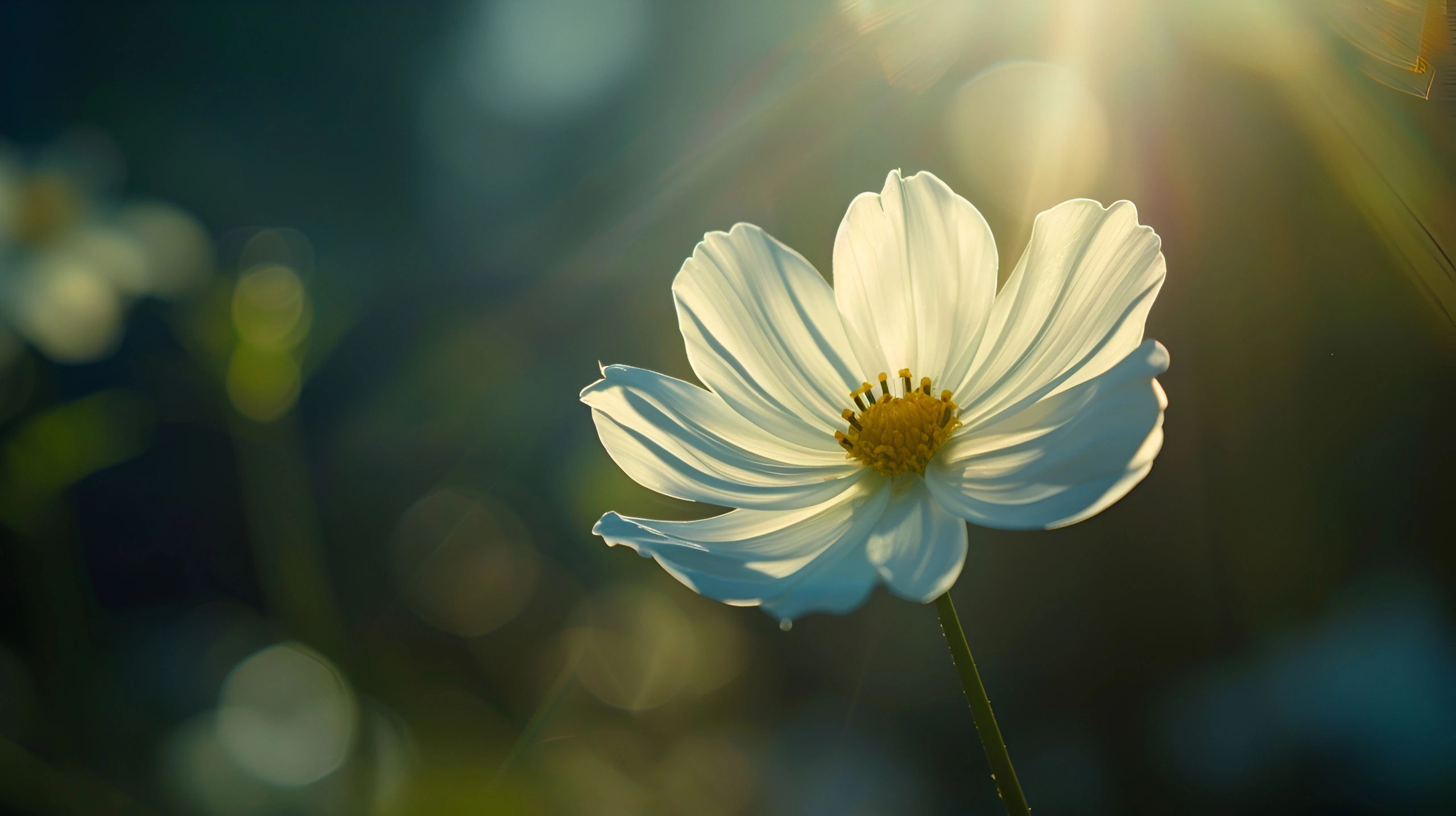 A delicate white flower illuminated by soft sunlight against a blurred background.