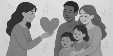A woman giving a heart-shaped gift to a happy family of four.