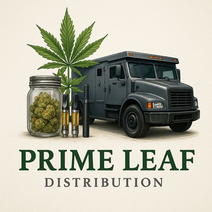 Logo featuring cannabis products and a delivery truck for Prime Leaf Distribution.