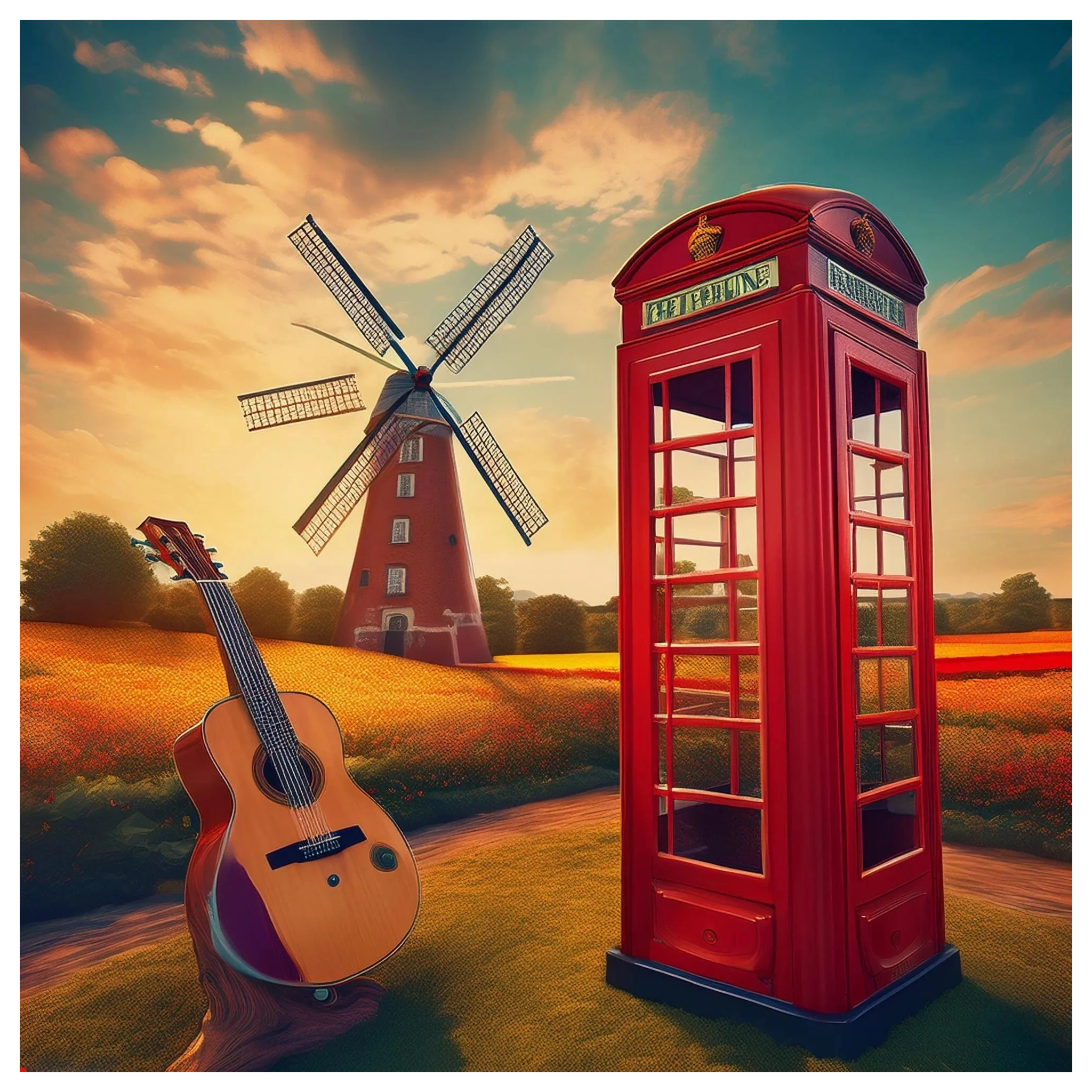 Banner with a landscape with a windmill, phonebooth and guitar